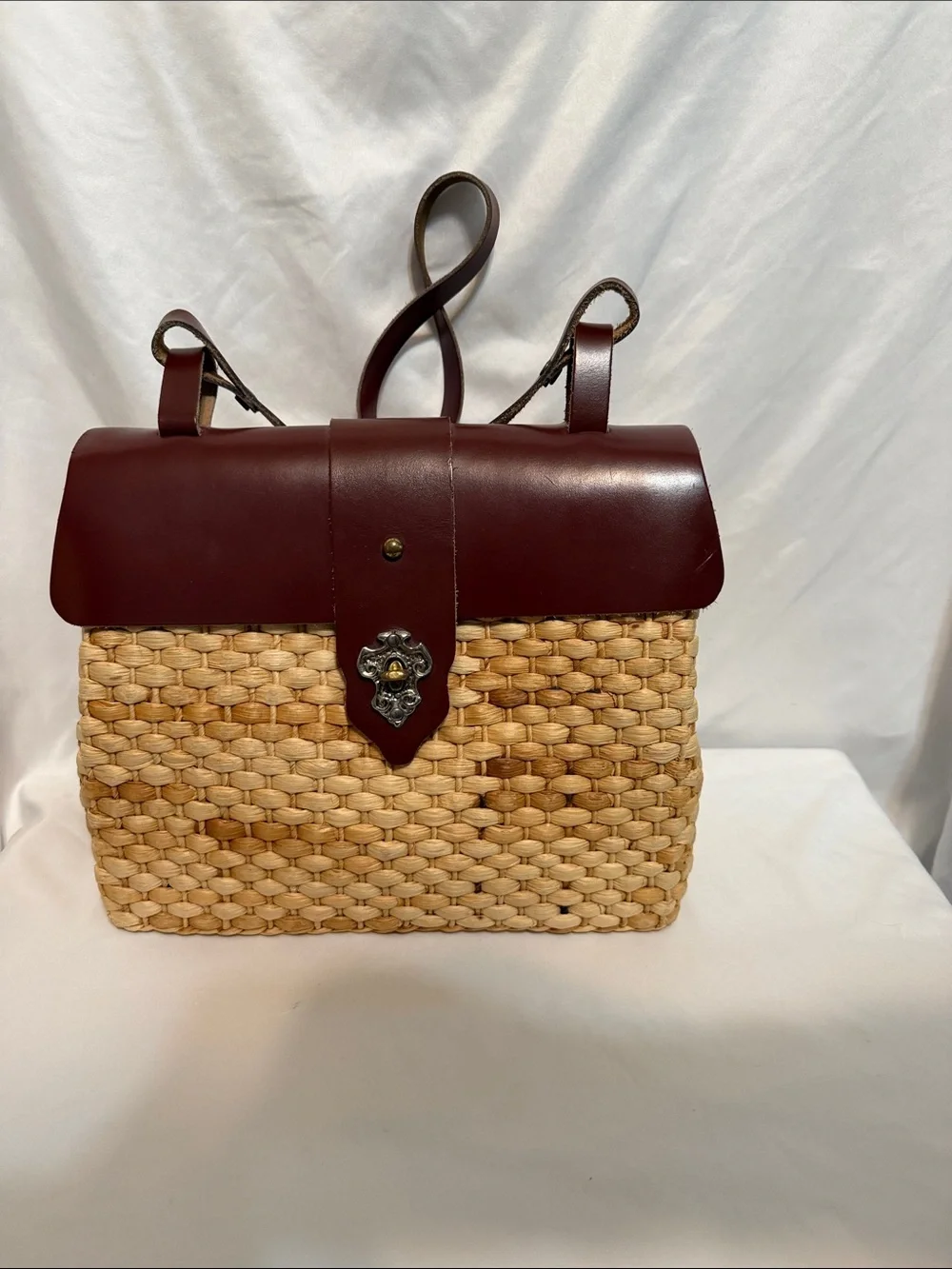 Woven Straw Tote with Brown Leather Top and Strap